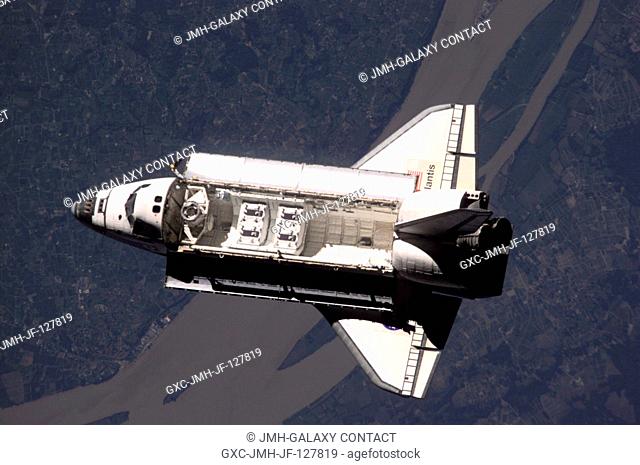 View of the Space Shuttle Atlantis after it undocked from the International Space Station (ISS) during the STS-104 mission