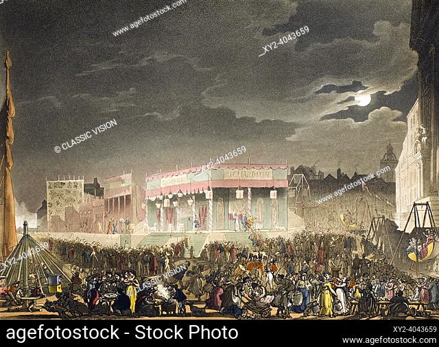 Bartholomew Fair. Circa 1808. The fair was an annual event from 1133 to 1855. After a work by August Pugin and Thomas Rowlandson in the Microcosm of London