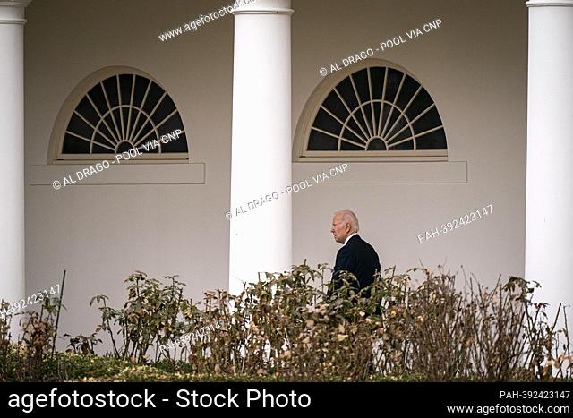 United States President Joe Biden walks along the West Wing colonnade of the White House in Washington, DC, US, on Monday, January 23, 2023
