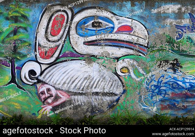Schoolyard mural of Haida creation story, Haida Gwaii, Formerly known as Queen Charlotte Islands, British Columbia, Canada