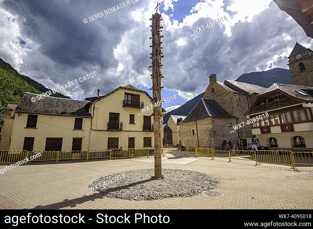 Fir trunk (Haro) in the Haro square, in Les, which burns every June 23 at night (Aran Valley, Lleida, Catalonia, Spain, Pyrenees)