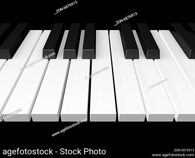 Piano keys on black grand piano, front view