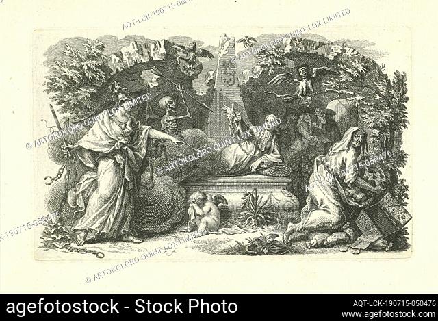 Allegorical representation with tomb, Allegorical representation with various personifications around a tomb. A skeleton tries to hit the man lying on the tomb...