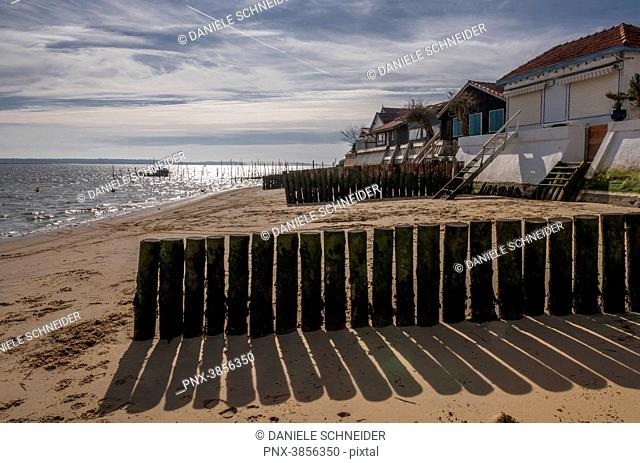 France, Gironde, Arcachon Bay, Cap-Ferret, L'Herbe oyster village, houses along the beach and groyn against coastal flood