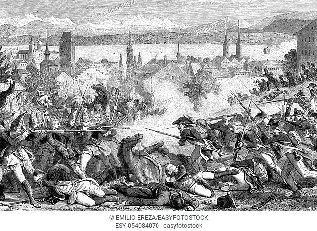Battle of Zurich, 4h-7th of JUly 1799. Antique illustration. 1890