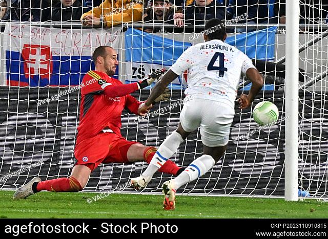 From left goalkeeper Milan Borjan of Slovan and Alexsandro of Lille in action during the Football European Conference League 4th round match Slovan Bratislava...