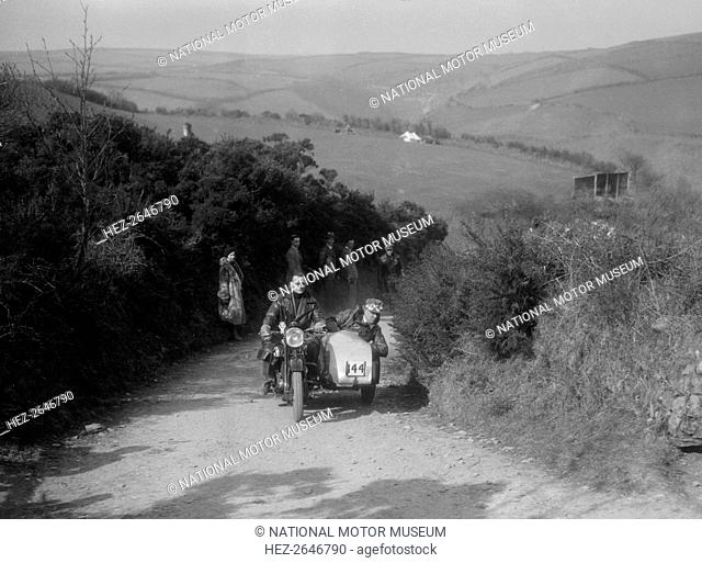 990 cc AJS and sidecar of M Laidlaw at the MCC Lands End Trial, Beggars Roost, Devon, 1936. Artist: Bill Brunell