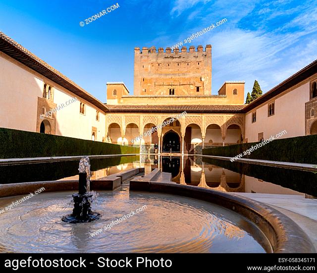 Granada, Spain - 5 February, 2021: the Patio de Arrayanes in the Nazaries Palace in the Alhambra in Granada