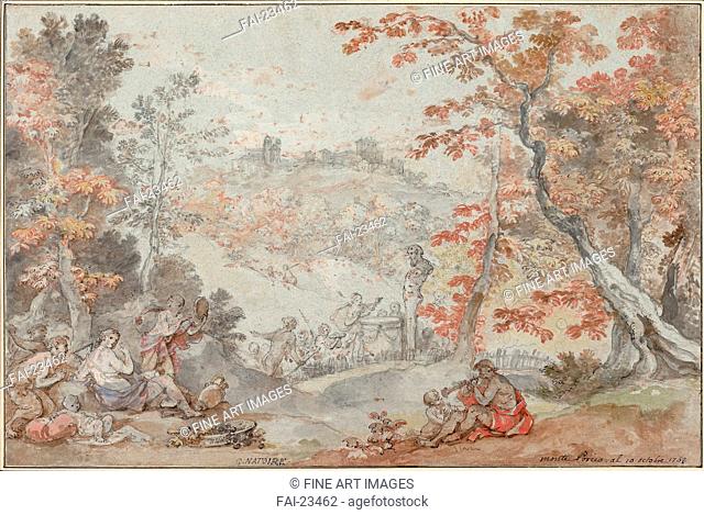 Italian Fall Landscape with Monte Porzio and an Offering to Pan. Natoire, Charles Joseph (1700-1777). Pen, brush, red and black chalk on paper. Rococo