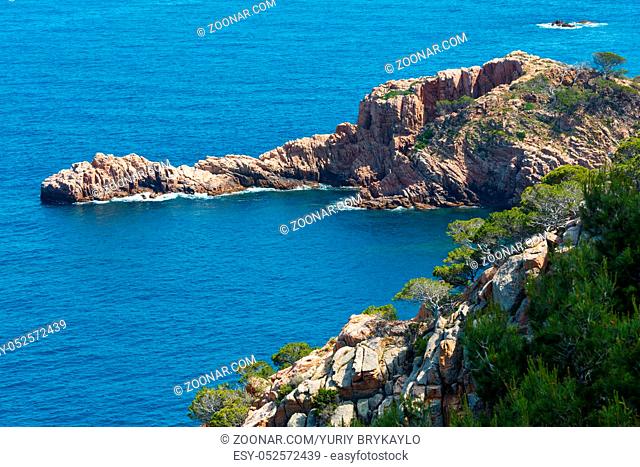 Summer sea rocky coast view. Coastline between Barcelona and Palamos (Coasta Brava, Catalonia, Spain)