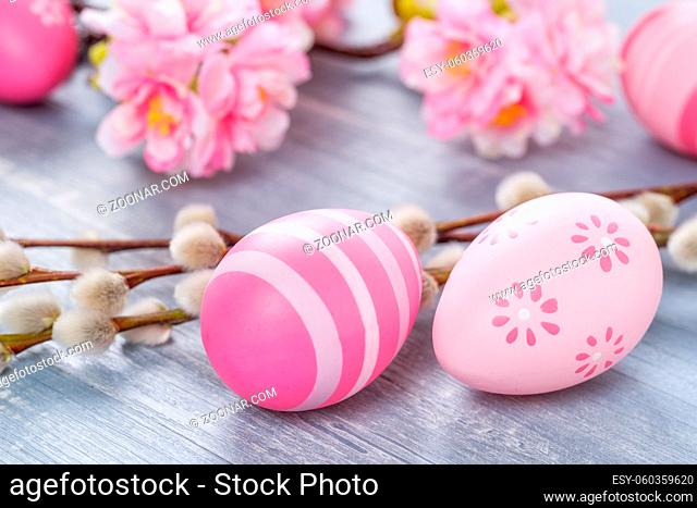Easter eggs on a blue wooden background