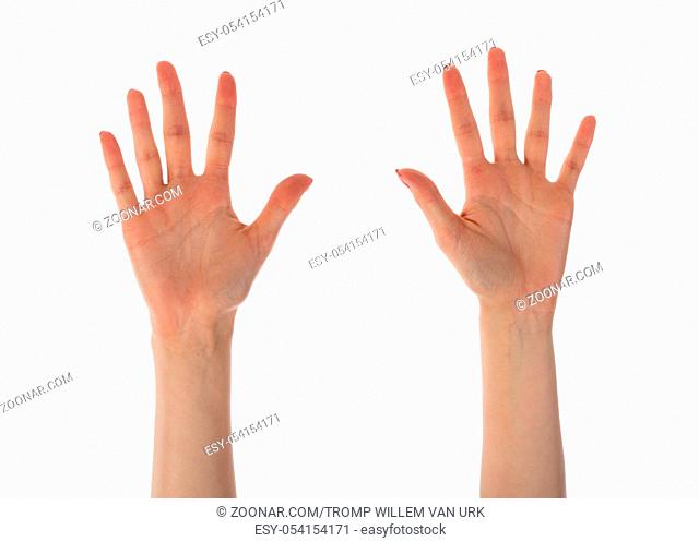 Female hands showing ten fingers isolated on white background