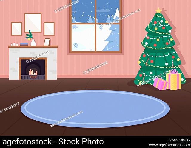 Christmas decorated house flat color vector illustration. Xmas celebration. Holiday decorations. Evergreen tree with lights. Hygge fireplace