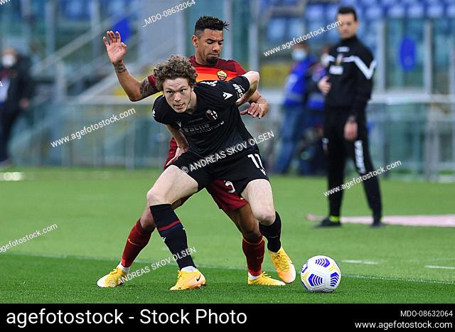 The Footballer of Roma Bruno Peres and the Footballer of Bologna Andreas Skov Olsen during the match Roma-Bologna at the stadio Olimpico