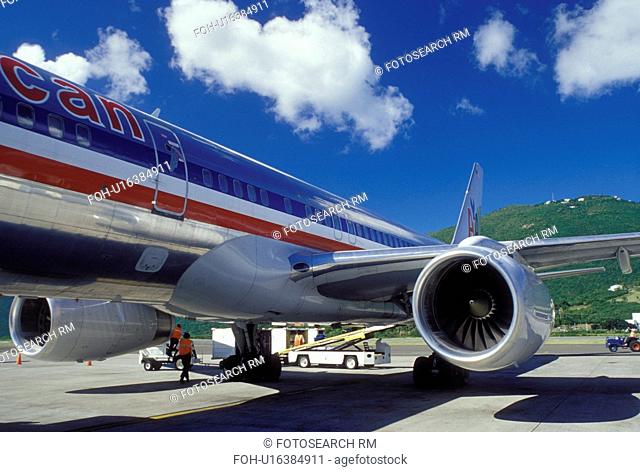 airplane, airport, St. Thomas, U.S. Virgin Islands, Caribbean, USVI, American Airlines Jet parked at the gate at Cycil E