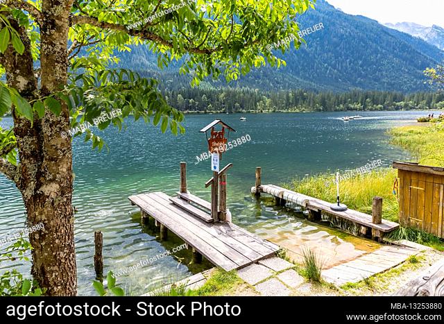 Boat dock, Hintersee, Ramsau, in the back Hochkalter, Berchtesgaden, Berchtesgaden Alps, Berchtesgaden National Park, Berchtesgadener Land, Upper Bavaria