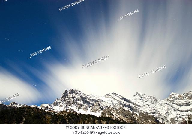 Clouds moving over Bernese alps in winter, Gimmelwald, Switzerland