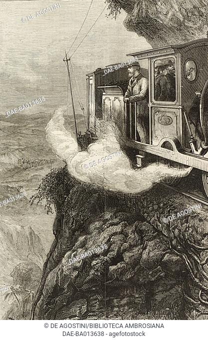Albert Edward, Prince of Wales, on a locomotive at Sensation Rock, railway from Colombo to Kandy, Ceylon (Sri Lanka), illustration from the magazine The Graphic