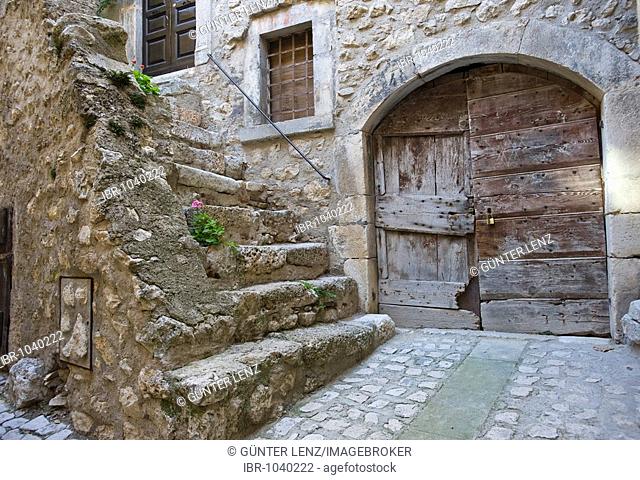 Old door and stairs in a back yard, Santa Stefano de Sessiano, Abbruzzies, Abruzzo, Italy, Europe