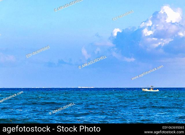 Playa del Carmen Quintana Roo Mexico 03. May 2023 Boat yacht ship ferry jetty pier and harbor at the tropical mexican caribbean beach panorama view and...
