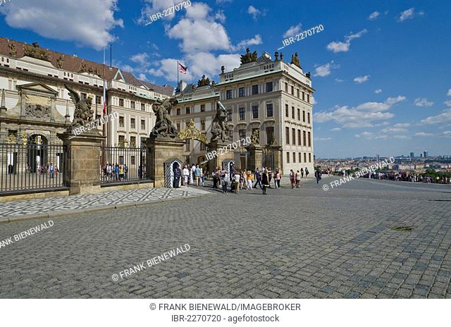Entrance gate to the Hradcany, the Castle District, high above the city, Prague, Czech Republic, Europe