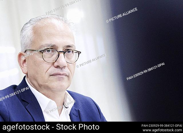 PRODUCTION - 29 September 2023, Berlin: Tarek Al-Wazir (Bündnis90/Die Grünen), Hesse's Minister of Economics and his party's top candidate for the Hesse state...