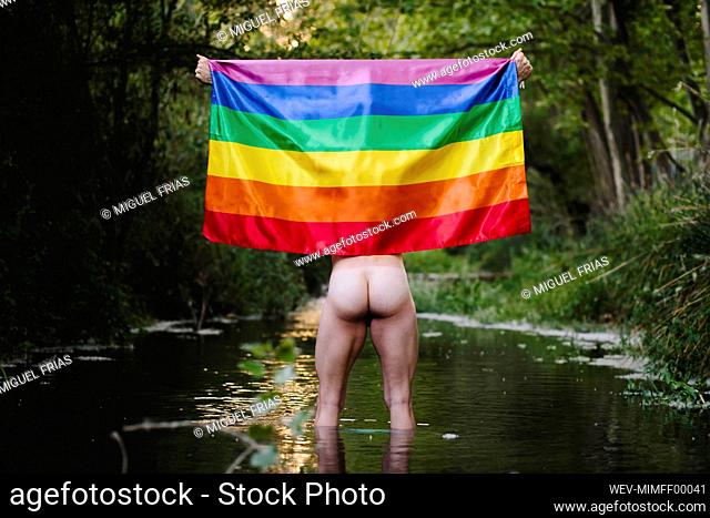 Rear view of nude young man standing in water holding a rainbow flag