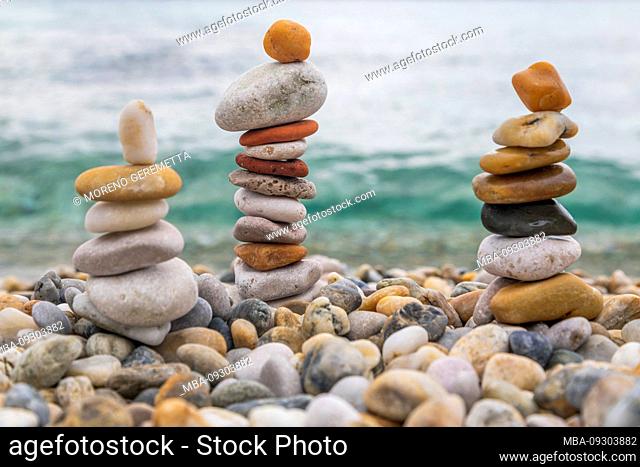 Stack of pebbles on the beach in Baska, island of Krk, Kvarner Bay, Primorje-Gorski Kotar County, Croatia