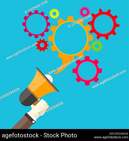 Human hand with a bullhorn, speech bubble and gears. Eps 10 vector file