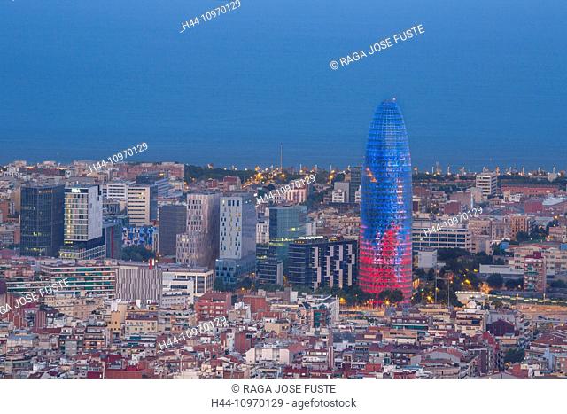 Barcelona, City, Agbar, architecture, Barcelona, blue, Catalonia, city, panorama, red, skyline, Spain, Europe, evening, touristic, towers, travel