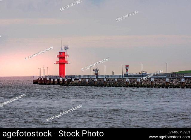 Three lighthouses on the Elbe at the approaches to the Brunsbuettel lock on the Kiel Canal