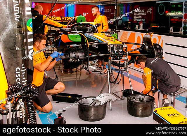 Francorchamps, BELGIUM, 29 July 2023: F1 garage of Team McLaren, Formula 1 Belgian Grand Prix 2023, Formula One, Grand Prix of Belgium held on the Ardennes race...