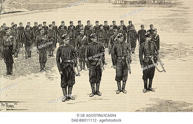 Natives officers and soldiers of the 42th Gurkhas, English military expedition to Manipur, India, engraving from The Illustrated London News, No 2712, April 11