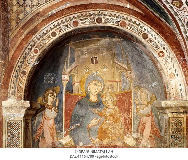 Enthroned Madonna with Angels, 13th century fresco by Consolo or Magister Consolus. The Lower Church of Sacro Speco Monastery, Subiaco