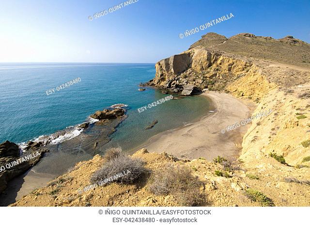 Yellow or Amarillos Beach, famous wild and beautiful seaside, from top of the cliff, in Gata Cape Natural Park, Almeria (Nijar, Andalusia, Spain, Europe)