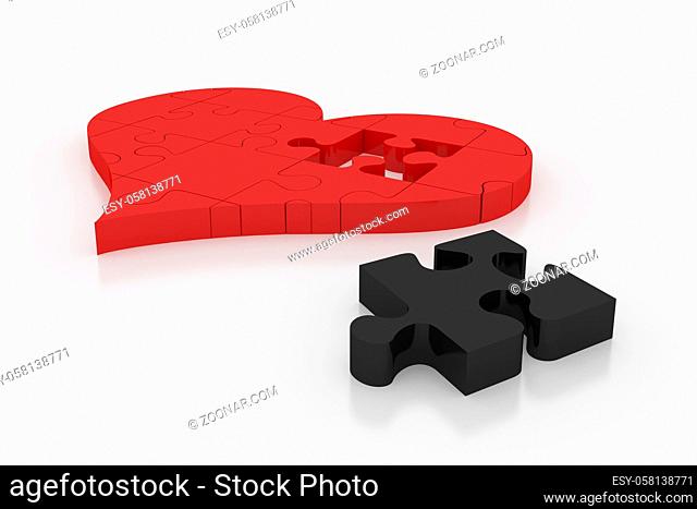 A single black piece that differs from the other red pieces of heart puzzle on white plane. Render with clipping path