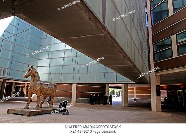 sculpture ""Troia Cavall"" of Maria Helguera, L'Auditori, music auditorium, 1999, arch. Rafael Moneo, Barcelona, Catalonia, Spain