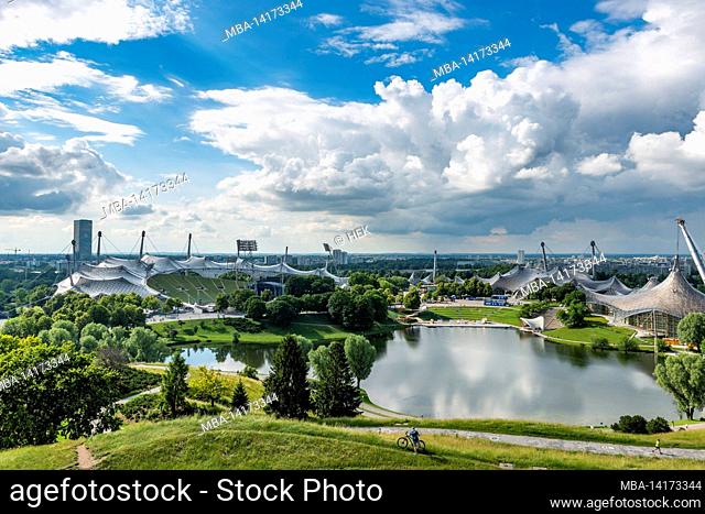 view from the olympiaberg to the olympiastadion and the olympiapark in munich