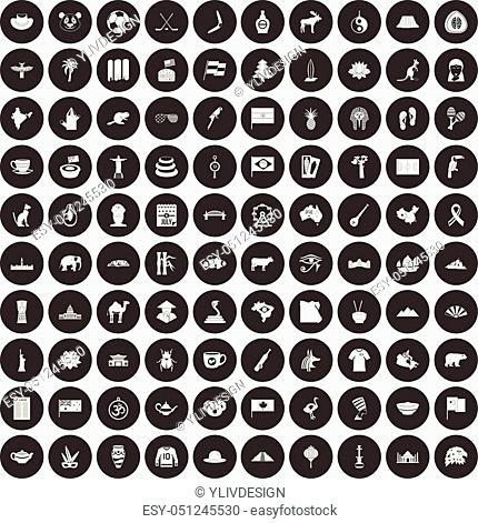 100 landmarks icons set in simple style white on black circle color isolated on white background vector illustration