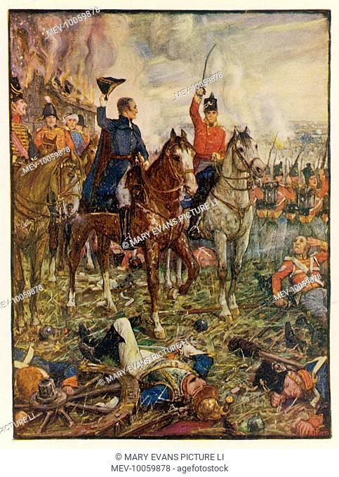 The Prussian and British commanders - Wellington and Blucher - meet after their victory, while the wounded and the dead lie around them