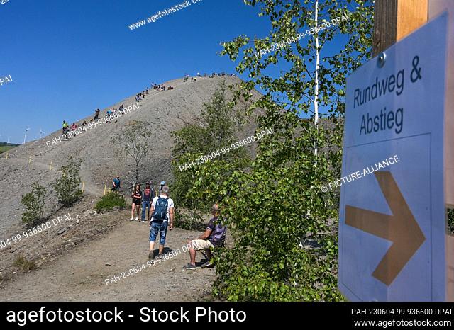 04 June 2023, Saxony-Anhalt, Volkstedt: Visitors on their way to the tailings pile. The tailings pile belongs to the former ""Fortschritt"" copper mining shaft...