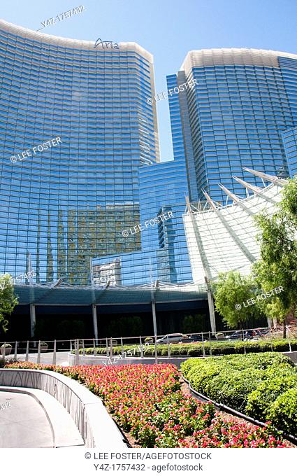 USA Las Vegas, Aria resort on the Strip, with its emphasis on design and outdoor pools  Exterior design at front of resort