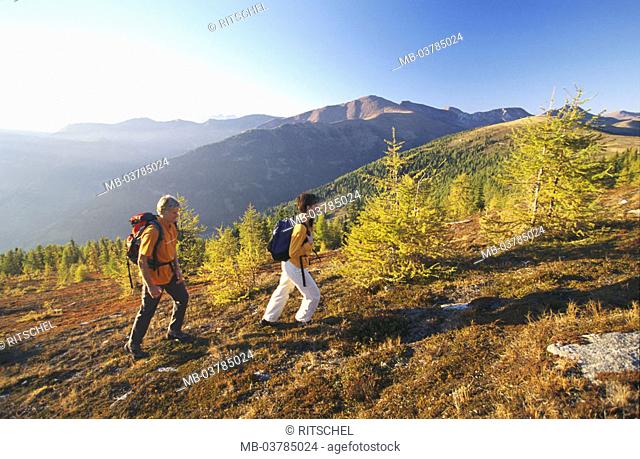 Austria, Carinthia, Nockberge, Priedröf, 1963 m, hikers  couple, 30-40 years, movement, sport, leisure time, activity, hikes, mountain s, mountains