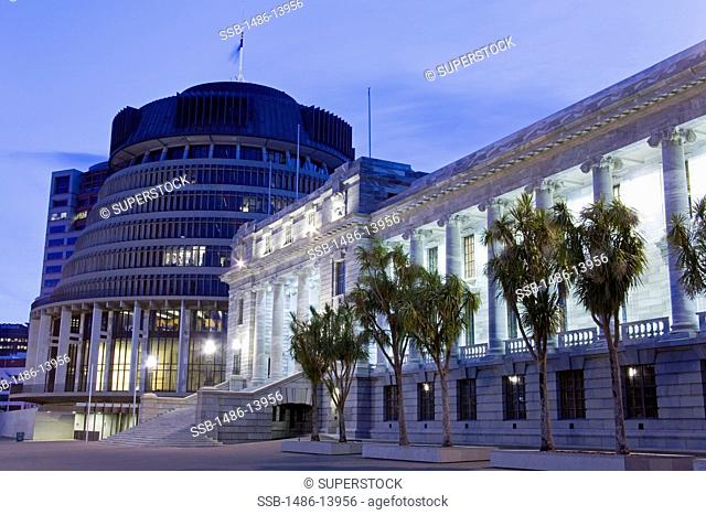 Beehive and Parliament Building at dusk, Wellington, North Island, New Zealand