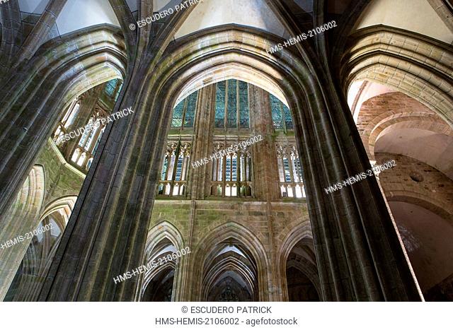 France, Manche, bay of Mont Saint Michel, listed as World Heritage by UNESCO, the Mont Saint Michel, detail of the architecture of the abbey church during the...