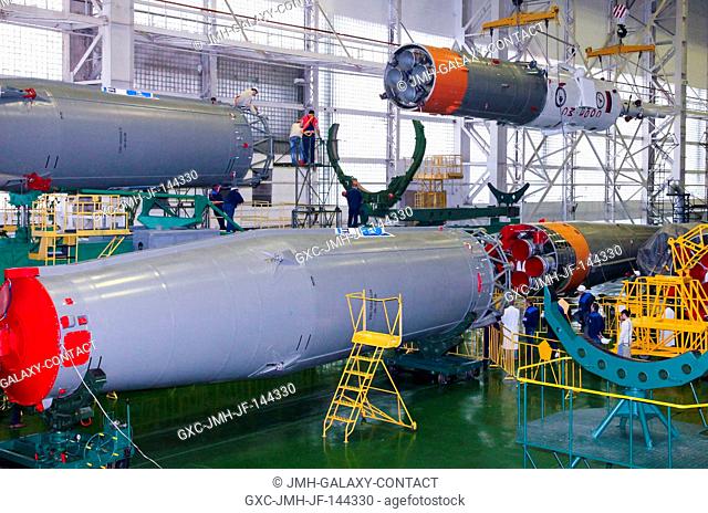 The Soyuz rocket and Soyuz MS-04 spacecraft is assembled at the Pad 1 complex at the Baikonur Cosmodrome on April 15, 2017, in Baikonur, Kazakhstan