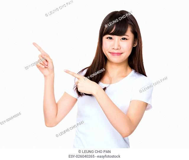 Young woman with two finger point up