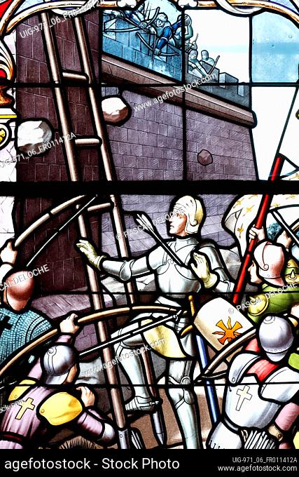 Saint Thomas of Cantorbery church. Stained glass window. Joan of Arc. Militatry campaigns. Cuiseaux. France