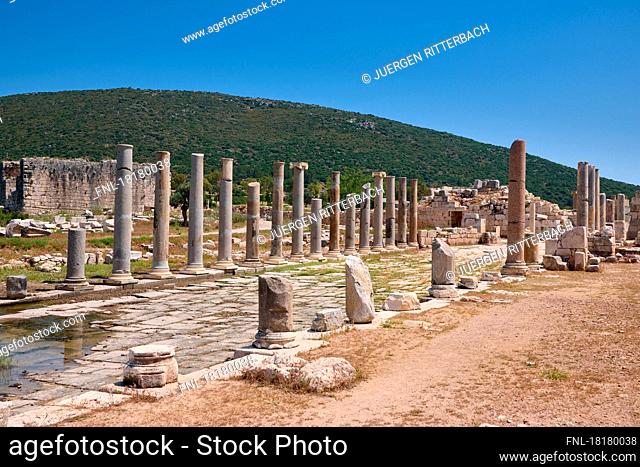 pillared harbor street, Remains of the antique Lycian city of Patara, Turkey|
