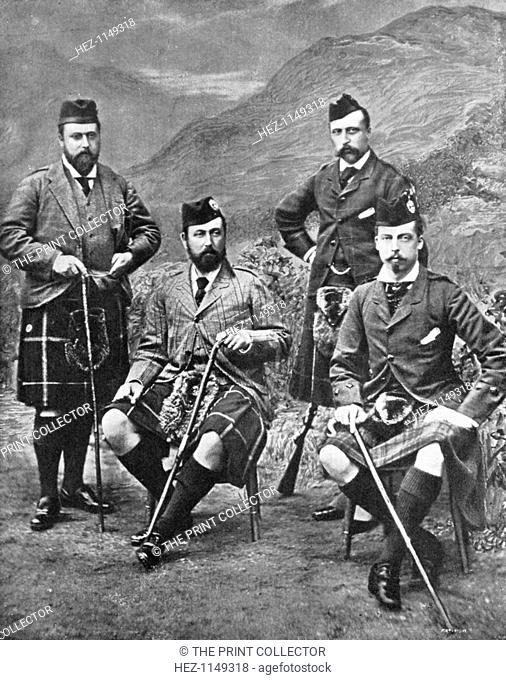 Queen Victoria's four sons at Abergeldie, 1881. The princes in Scottish dress: The Prince of Wales (future King Edward VII); Prince Albert